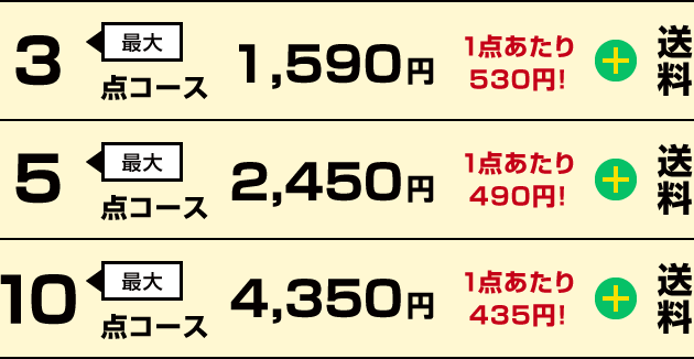 [最大]3点コース 1,590円（1点あたり530円!）+ 送料／[最大]5点コース 2,450円（1点あたり490円!）+ 送料／[最大]10点コース 4,350円（1点あたり435円!）+ 送料